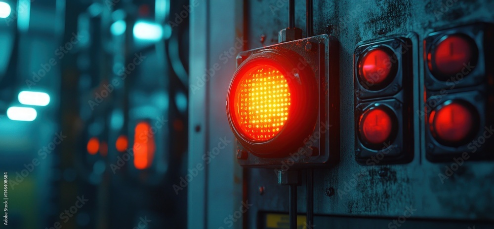 Poster glowing red industrial warning light and buttons on a weathered control panel in a dark factory.