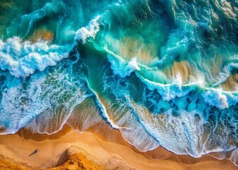 Obraz premium Aerial Ocean Waves: Drone Photography, Top-Down View, Turquoise Water, Coastal Landscape, Sea Texture