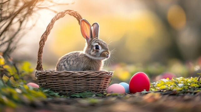 A small rabbit rests in a colorful basket filled with decorated eggs, embodying the spirit of Easter celebrations and joy.