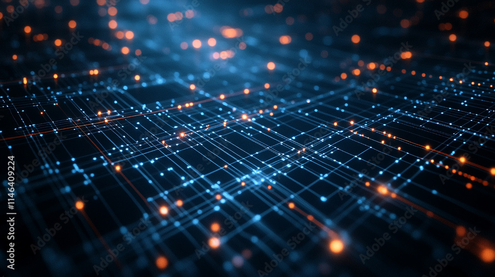 Poster abstract representation of technology with glowing lines and dots at night.