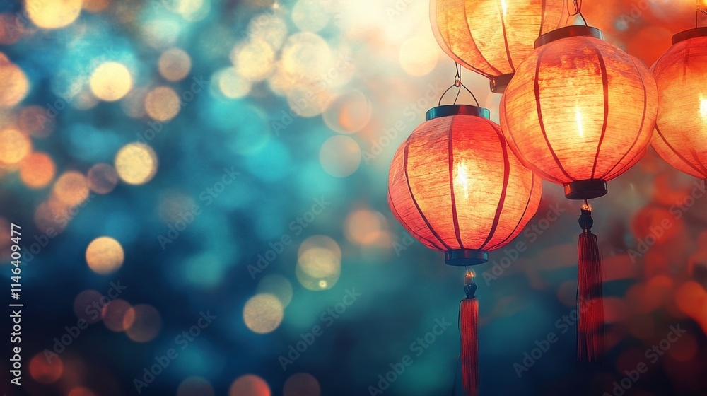 Poster glowing red lanterns hanging against a soft bokeh background, capturing the essence of festivity and