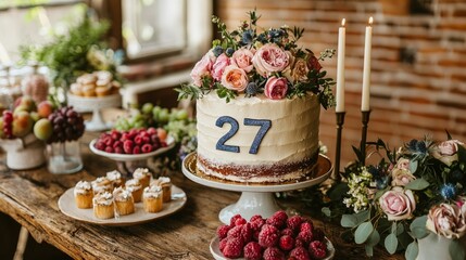 A cake with the number 27 on it sits on a white cake stand