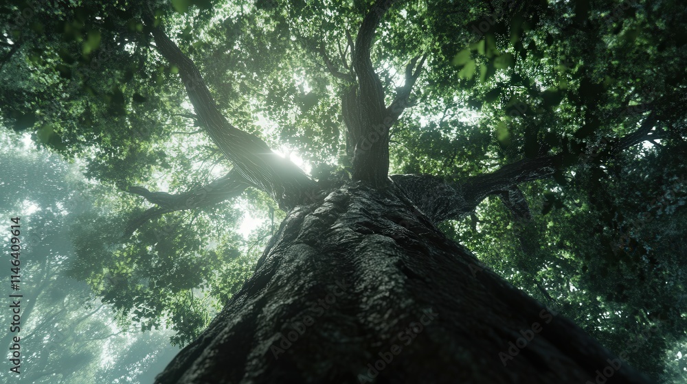 Poster below, looking up at a large tree whose branches spread wide, creating a lush canopy.