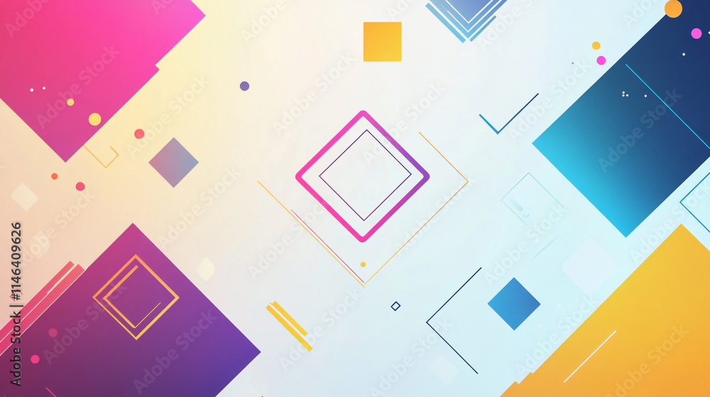 Poster bright geometric shapes and colorful patterns create a vibrant abstract background.