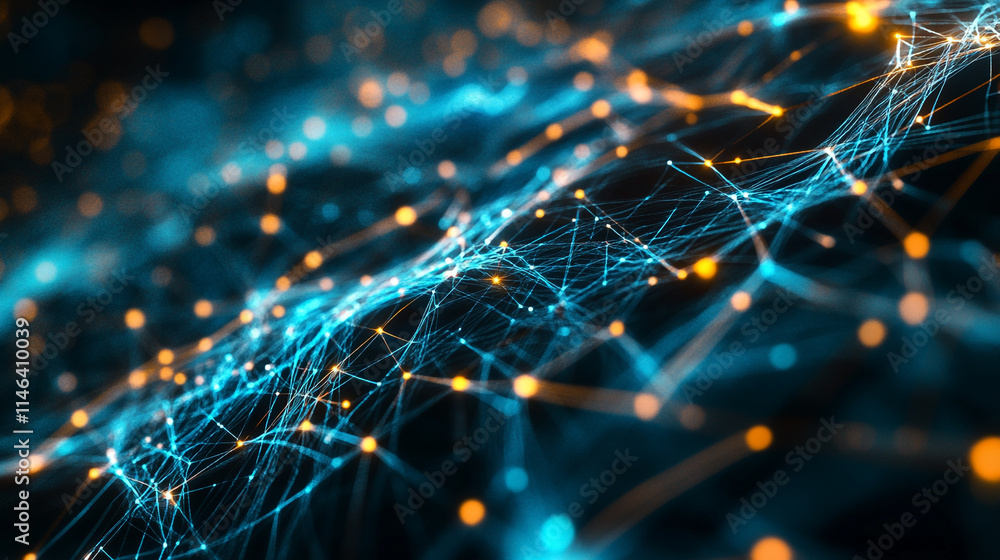 Poster visual representation of interconnected data points and networks in blue and gold.