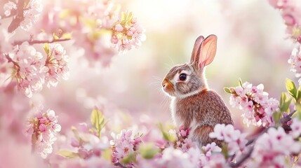 Fototapeta premium A small rabbit perches in a blooming tree adorned with delicate pink flowers, embodying the spirit of spring and Easter celebrations.