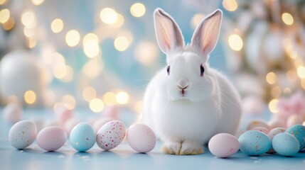 Obraz premium A white rabbit is surrounded by a vibrant assortment of colored eggs, symbolizing the joy and renewal of the Easter celebration.