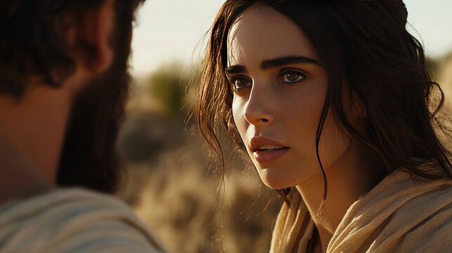 Close-up of a beautiful woman in an old beige linen cape, brown hair, desert dawn background, beautiful eyes, cinematic scene