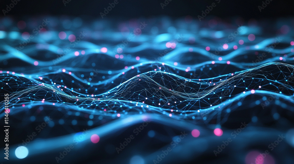 Poster digital waves create a vibrant visual landscape of interconnected nodes.