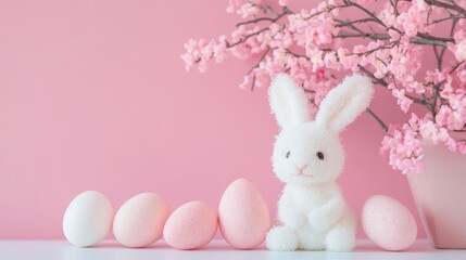 Fototapeta premium A small white bunny sits beside delicate pink eggs, embodying the essence of Easter celebrations and the arrival of springtime joy.