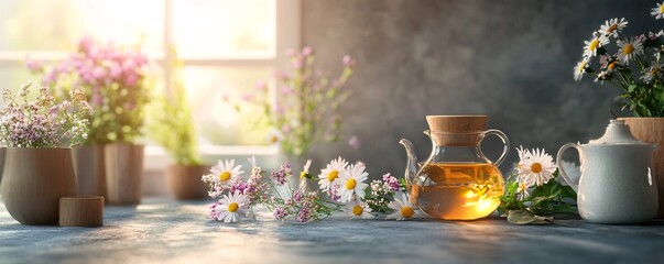 Herbal tea brewing in a glass teapot with fresh chamomile flowers by the window