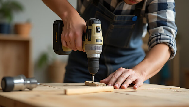 A skilled carpenter works with a drill to repair and restore furniture in modern homes, adhering to contemporary living standards._00001_