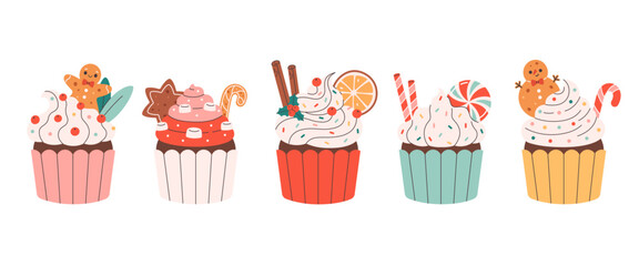 Sweet Holiday cupcakes with lollipop, cookie, cinnamon, orange slices, marshmallow. Cute muffins. Vector illustration in flat style