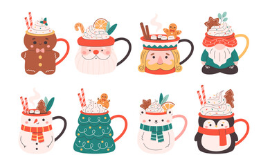 Collection of holiday hot drinks in cute mugs. Creamy coffee, hot chocolate, hot cocoa. Christmas drinks with festive toppings. Vector illustration in flat style