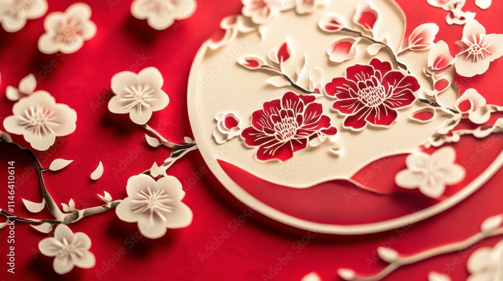 Poster intricate paper cut artwork featuring red flowers and branches on vibrant red background with delica
