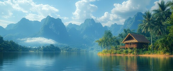 Obraz premium Serene Lakeside Bungalow in Tropical Mountain Paradise