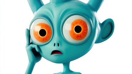 Worried cartoon alien with big orange eyes.