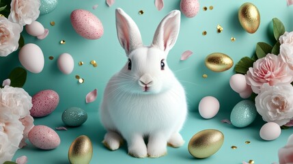 A white rabbit sits playfully in front of colorful Easter eggs, embodying the spirit of spring and the joy of the holiday season.
