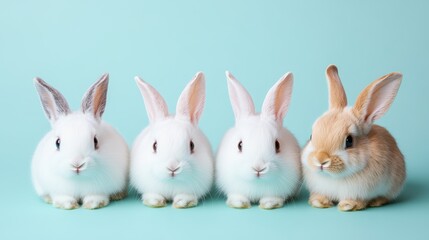 Fototapeta premium Three adorable rabbits are positioned in a neat row against a vibrant blue background, capturing the playful spirit of Easter festivities.