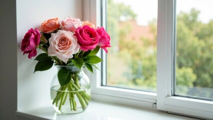 a bouquet of different colors of roses on a windowsill