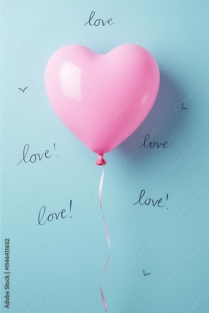 Poster a pink balloon in a heart shape floats against a calm blue background with endearing handwritten lov