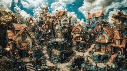 Obraz premium Whimsical village nestled on a hill, featuring charming houses, winding staircases, and lush greenery under a vibrant sky.