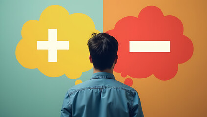 A person chooses a plus or minus sign, influencing their thoughts on positive or negative direction concepts._00001_