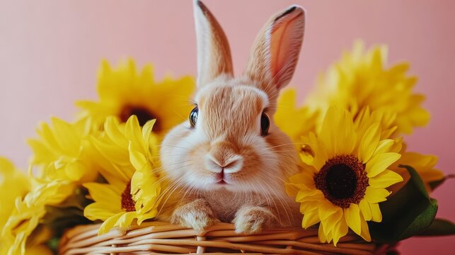 A small rabbit rests in a basket surrounded by vibrant sunflowers, symbolizing the joy and renewal of the Easter season.