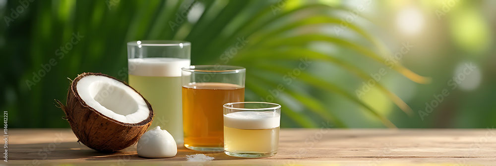 Poster a natural product display is showcased on a wooden table with a blurred coconut leaf background and 