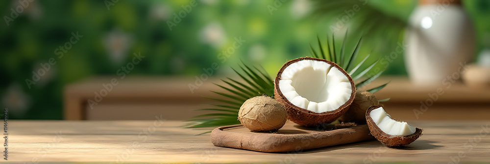 Poster a natural product display is showcased on a wooden table with a blurred coconut leaf background and 