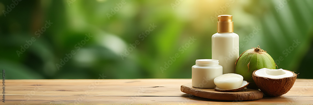 Poster a natural product display is showcased on a wooden table with a blurred coconut leaf background and 