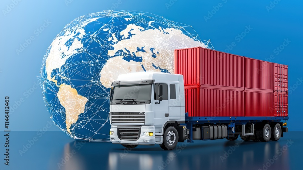 Poster a truck with a red container is positioned in front of a globe, symbolizing global transport and log