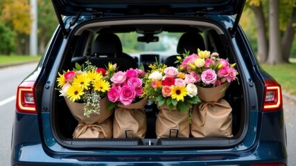 The trunk of the car is filled with different bouquets of flowers