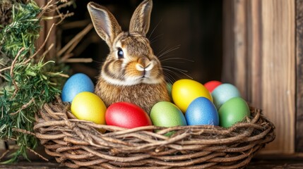 A cheerful rabbit rests in a basket filled with vibrant, colored eggs, symbolizing the joy and renewal of the Easter celebration.