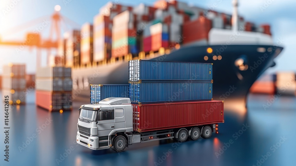 Poster a miniature truck loaded with shipping containers is positioned in the foreground, with a large carg