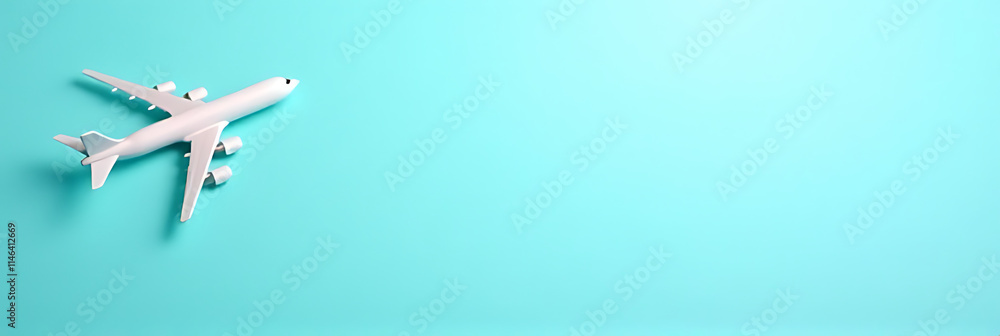 Poster a model airplane sits atop a bright blue pastel colored background with subtle texture and soft grad