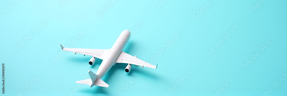 Poster a model airplane sits atop a bright blue pastel colored background with subtle texture and soft grad