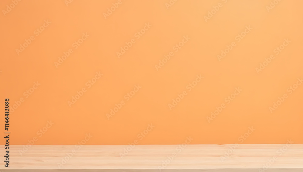 Poster a minimalist wooden tabletop is displayed against an orange pastel colored background with a complet