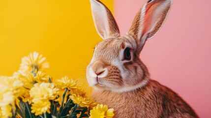 Fototapeta premium A charming rabbit rests beside a vibrant bouquet of flowers, embodying the spirit of Easter and the joy of springtime renewal.