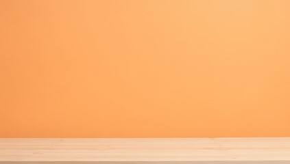 Naklejka premium A minimalist wooden tabletop is displayed against an orange pastel colored background with a completely empty surface area._00003_