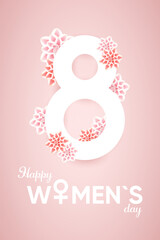 Happy womens day, march 8, greeting card, 3d delicate flowers