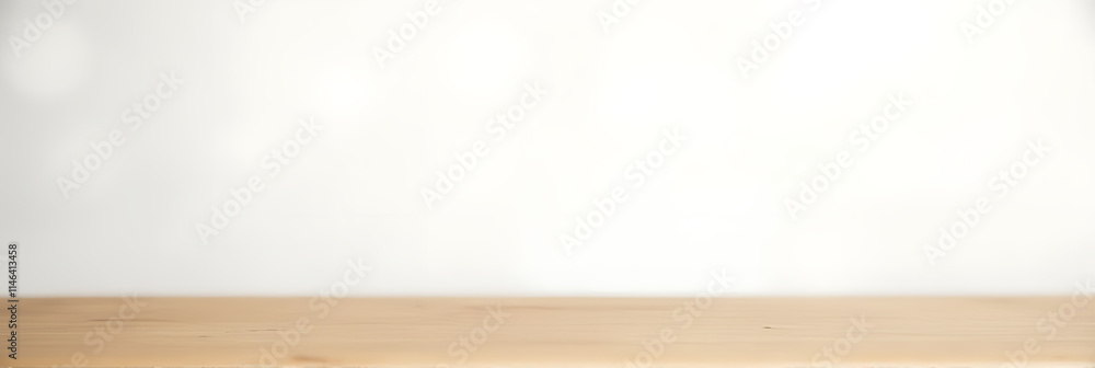 Poster a minimalist wooden table sits atop a white bokeh background, ideal for creating visually appealing 