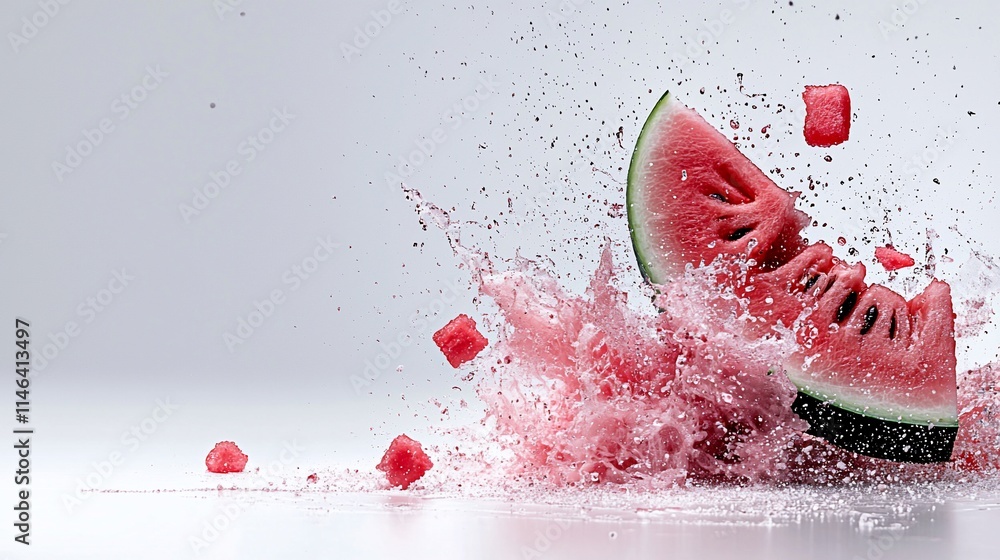 Poster watermelon slice splashing, exploding, with juice and cubes.