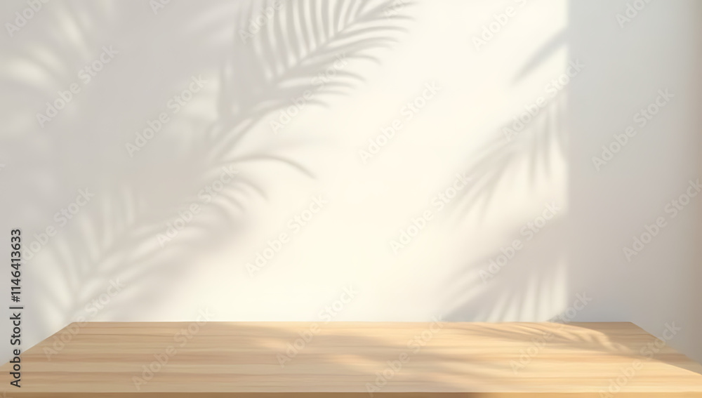 Poster A minimalist wooden table or product display platform design features a shadow of palm leaves on a subtle wall background._00003_