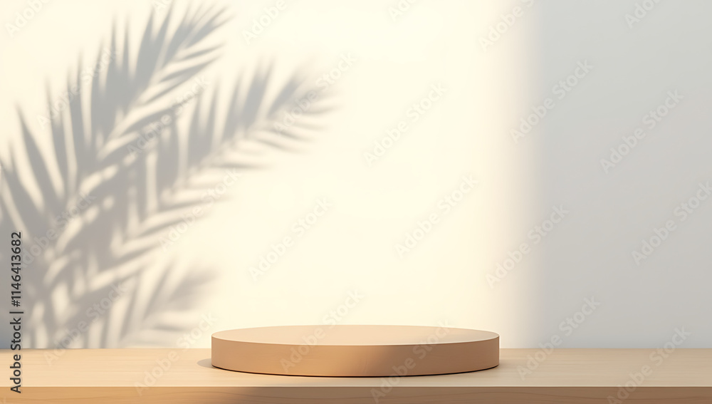 Poster a minimalist wooden table or product display platform design features a shadow of palm leaves on a s