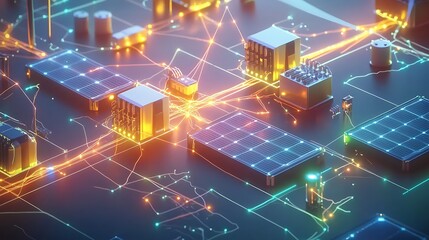 Abstract digital network with glowing lines connecting various components.