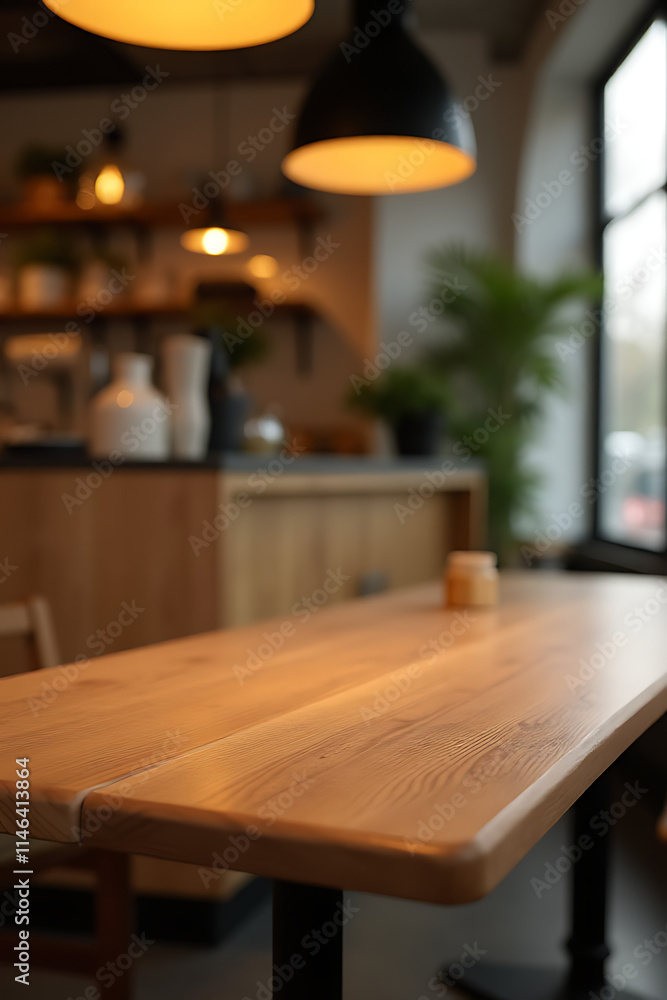 Poster A minimalist wood table in a warm cafe setting with a soft light glow perfect for product display and visuals._00003_