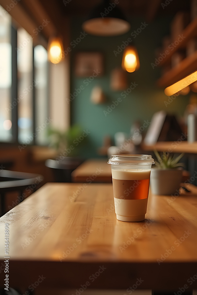 Poster A minimalist wood table in a warm cafe setting with a soft light glow perfect for product display and visuals._00002_