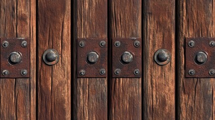 Fototapeta premium Rusted metal plates on weathered brown wooden planks.