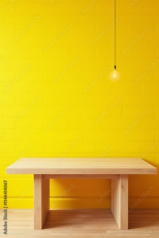 Aufkleber A minimalist setup features a plain wooden table against a bright yellow brick wall for product displays and key visuals._00001_